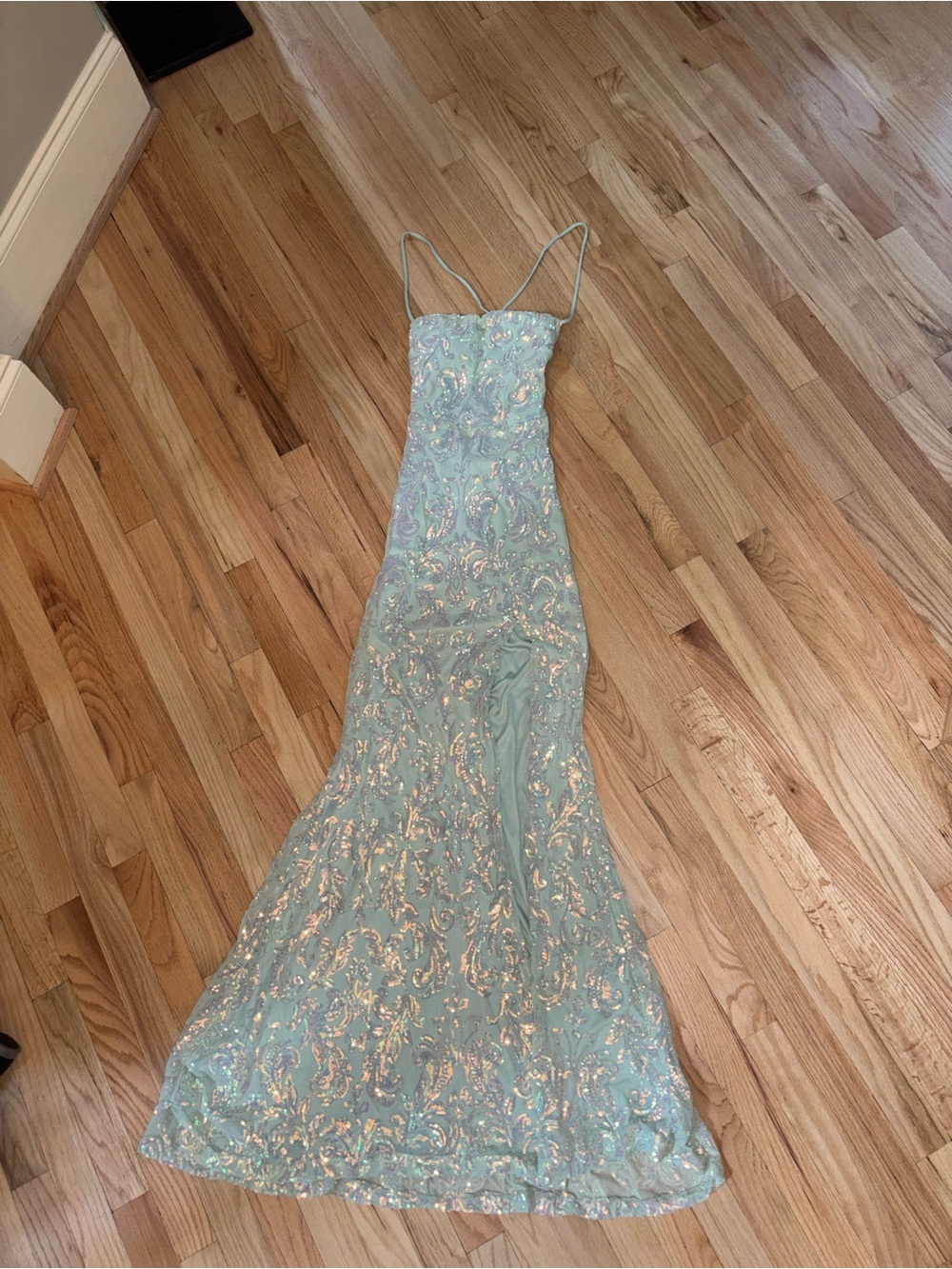Light Aqua Sequin Spaghetti-Strap Evening Dress